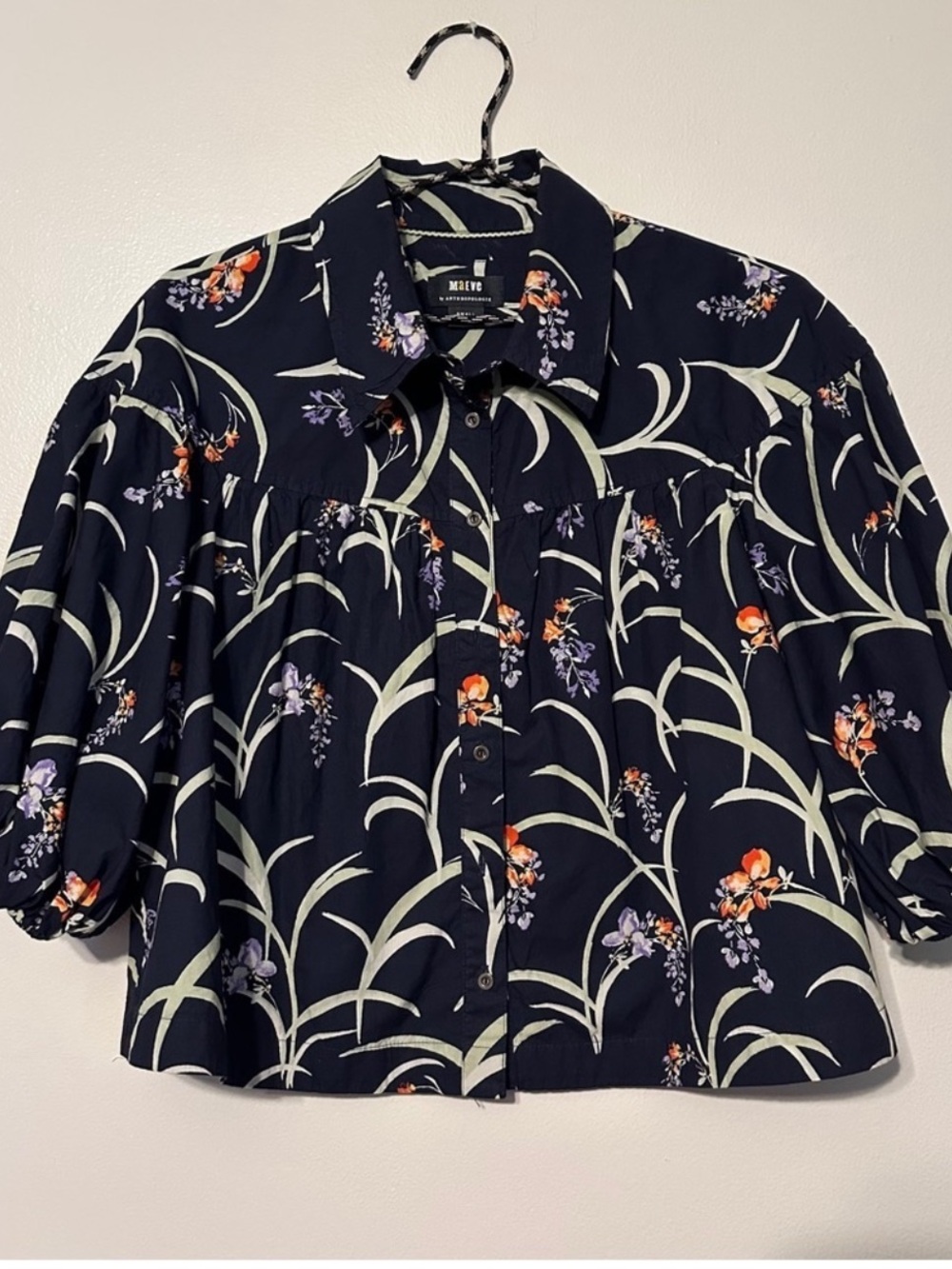 Anthro Maeve Bubble Sleeve Cotton Floral Blouse size Small Navy - Picture 4 of 5